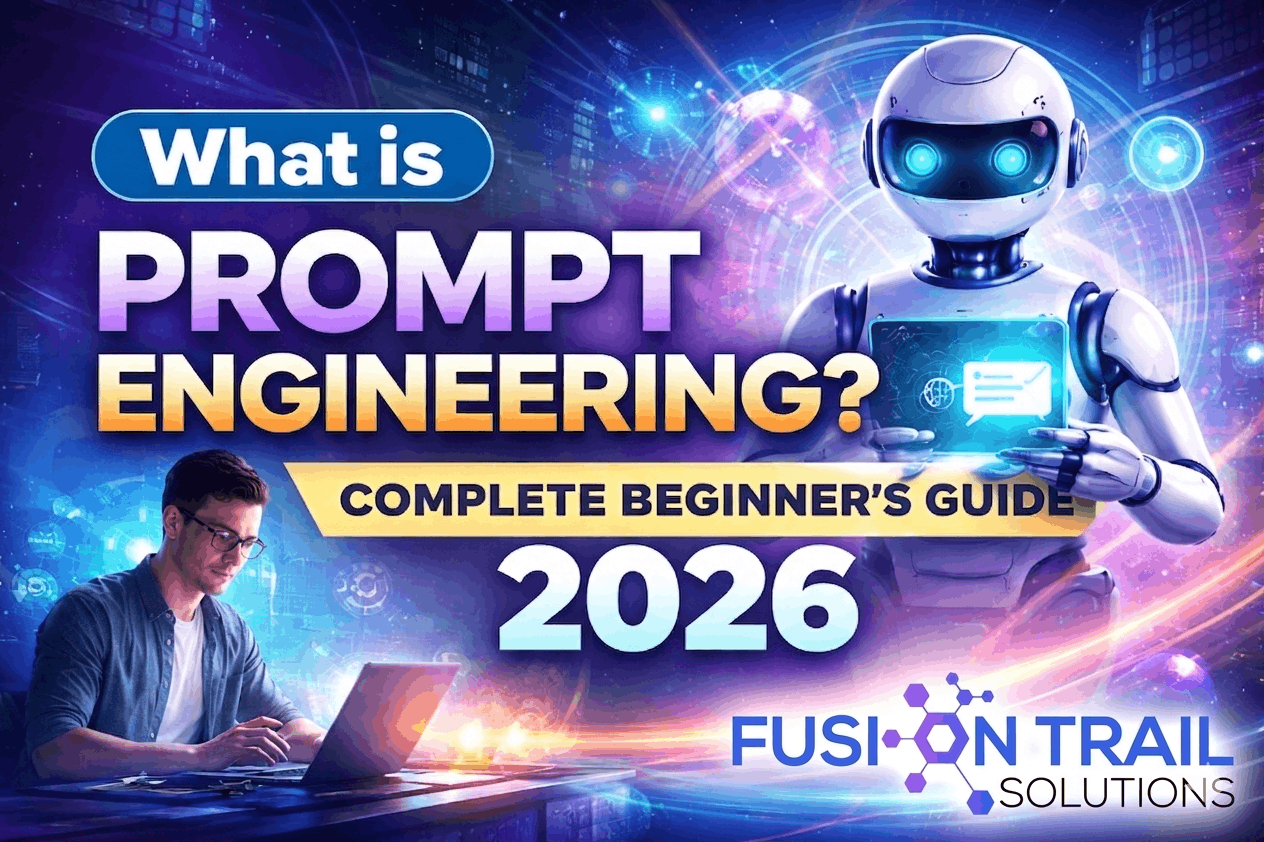 Futuristic AI prompt engineering concept showing robot and human working on laptop with digital interface and 2026 technology theme