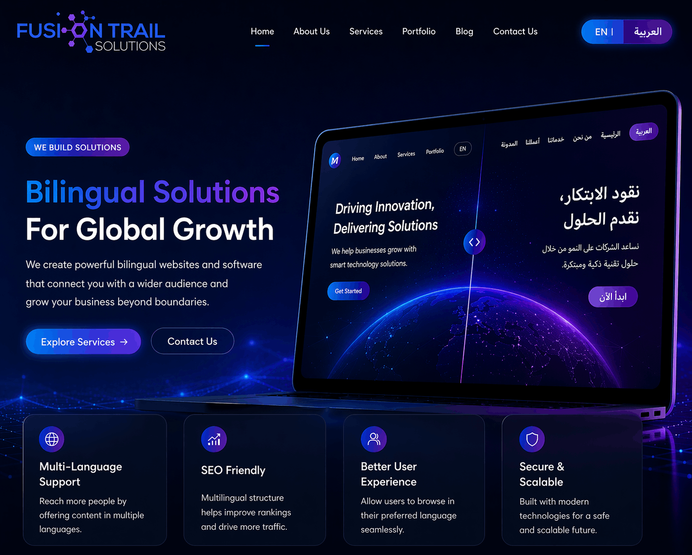 bilingual website interface with English and Arabic language switch for business website