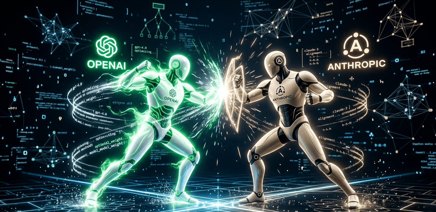 OpenAI vs Anthropic 2026 futuristic AI competition banner