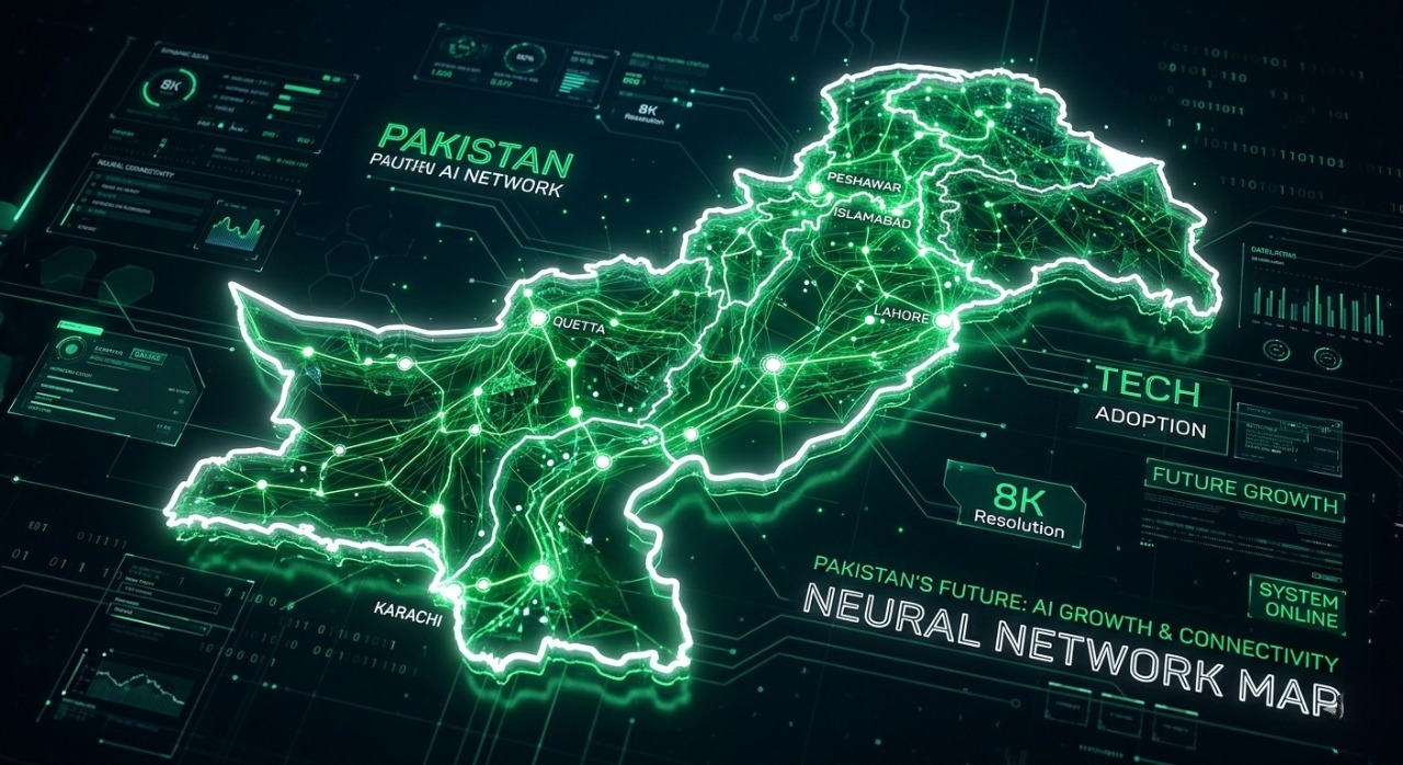 Futuristic digital map of Pakistan representing AI growth and connectivity.