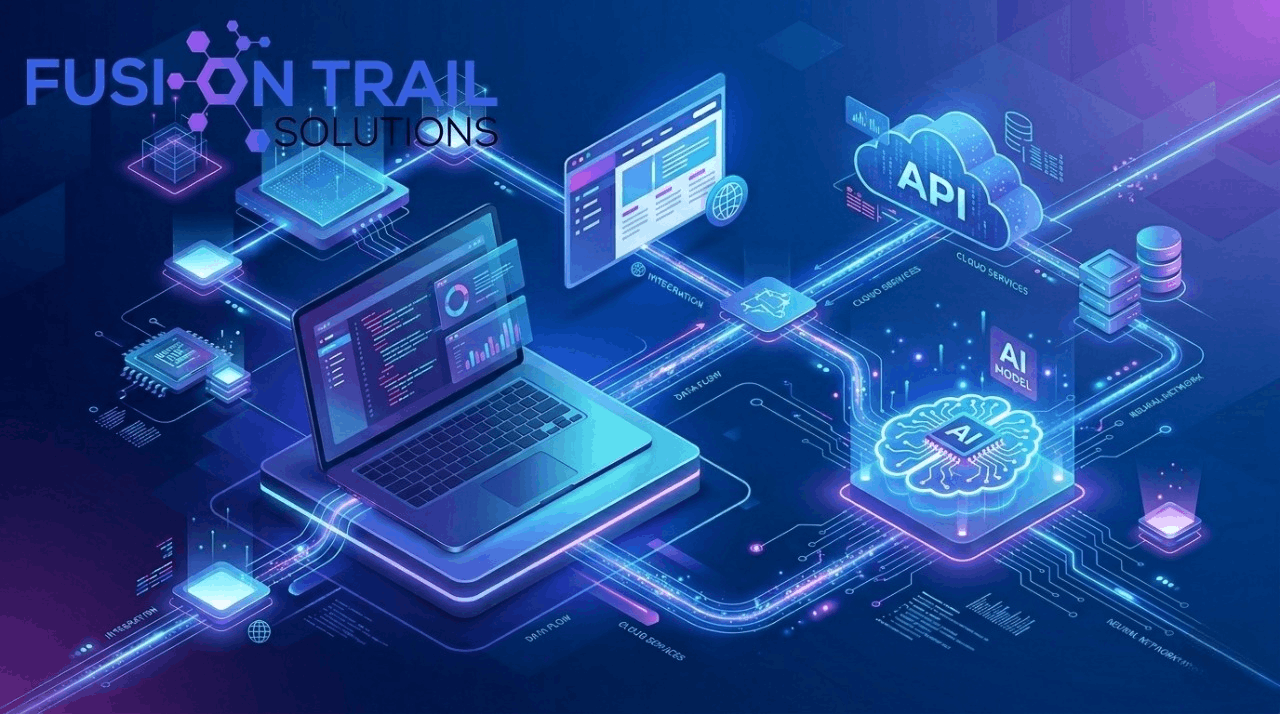 AI model integration concept showing AI connected with website and applications through API and cloud system
