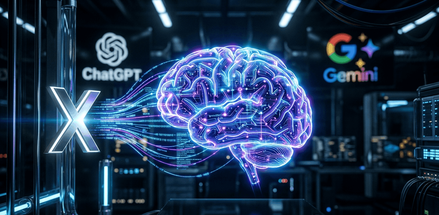 Grok AI featured image showing a futuristic digital brain integrated with real-time X data streams next to competitor logos.
