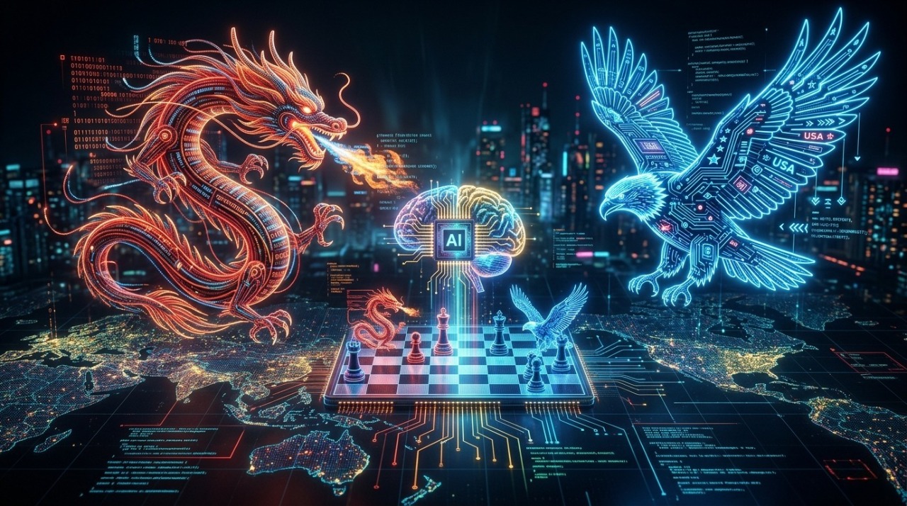 Conceptual art representing the tech cold war between China and the US for global AI governance dominance.