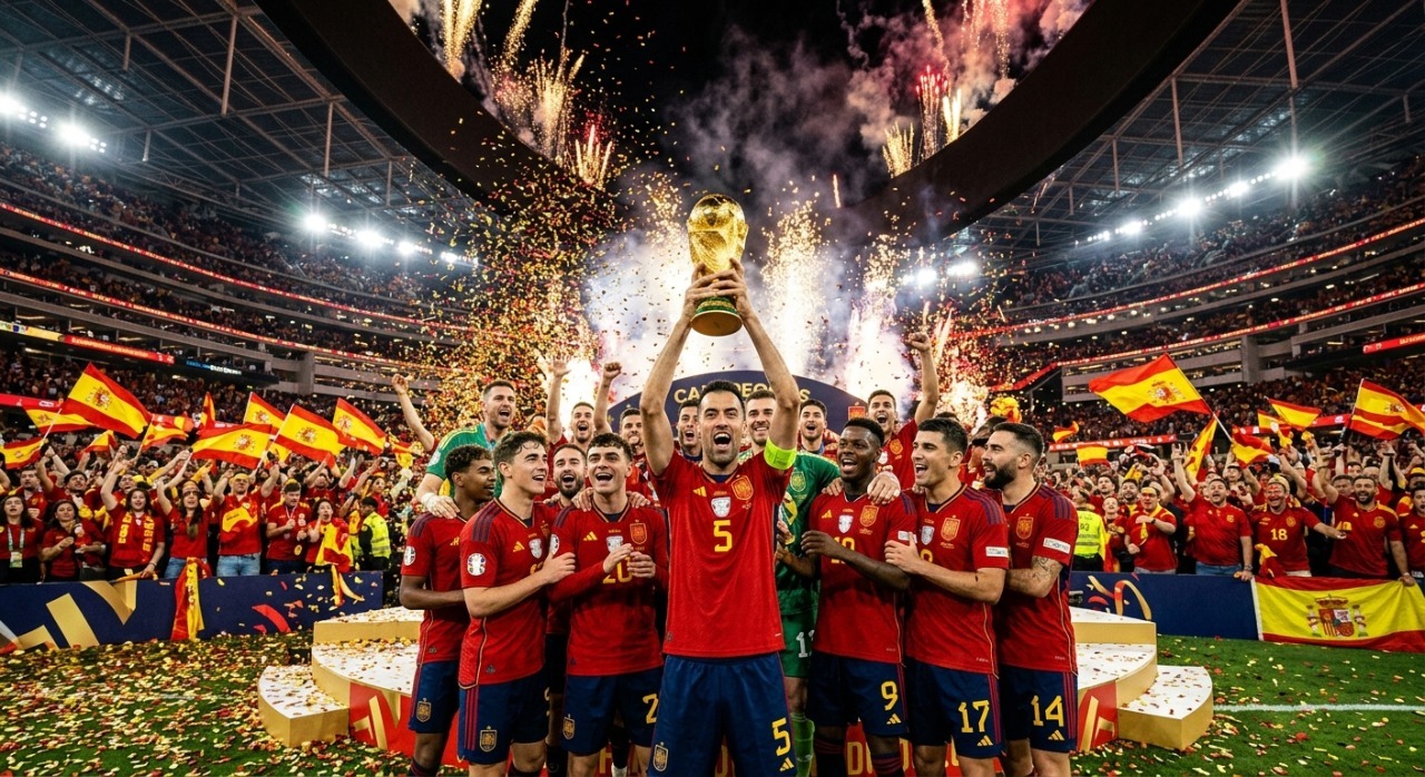 Spain celebrating after winning the FIFA World Cup 2026 trophy.