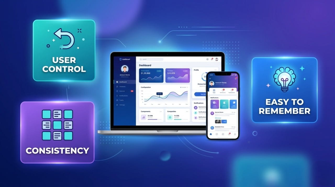 Modern illustration showing the 3 basic rules of UI design