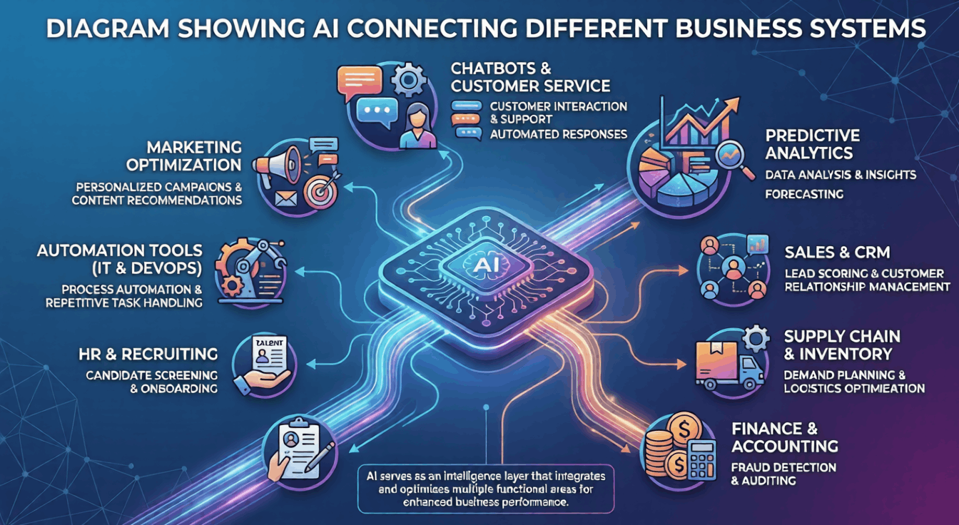 AI integration diagram showing integrated eligibility systems, retail AI vision systems, and data integration