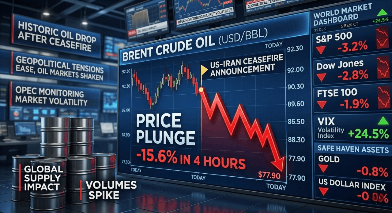 Brent oil prices dropping after the US-Iran ceasefire announcement in 2026