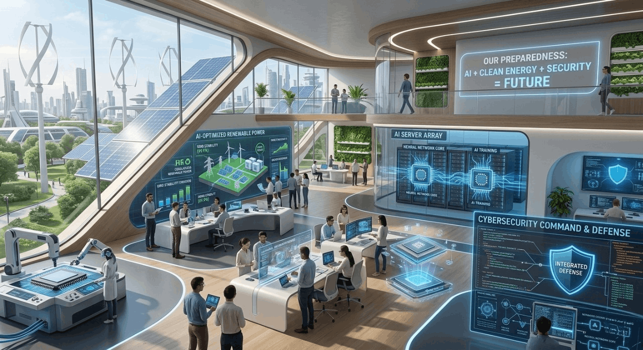 Technology companies preparing for future risks with AI, renewable energy, and cybersecurity