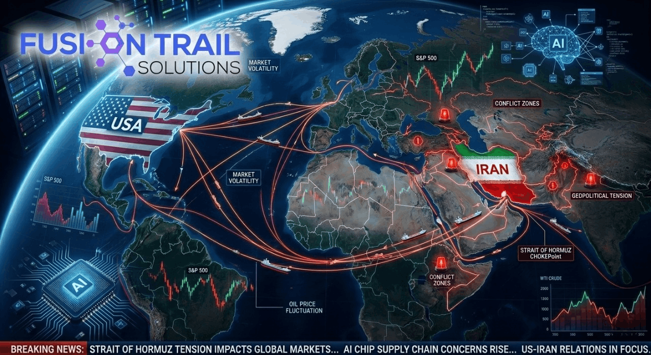 World map showing the US-Iran ceasefire, global oil routes, stock market changes, and AI technology impact in 2026