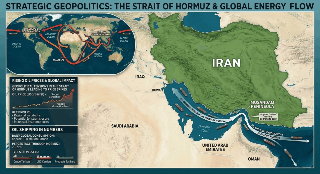 Map of Strait of Hormuz showing global oil shipping routes during Iran ceasefire