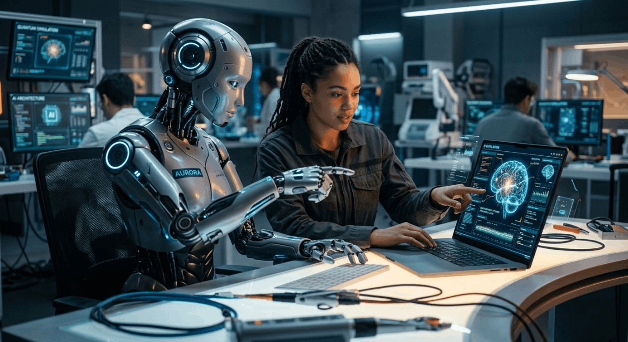 Artificial intelligence robot assisting human with digital data and AI prompt engineering concept on laptop