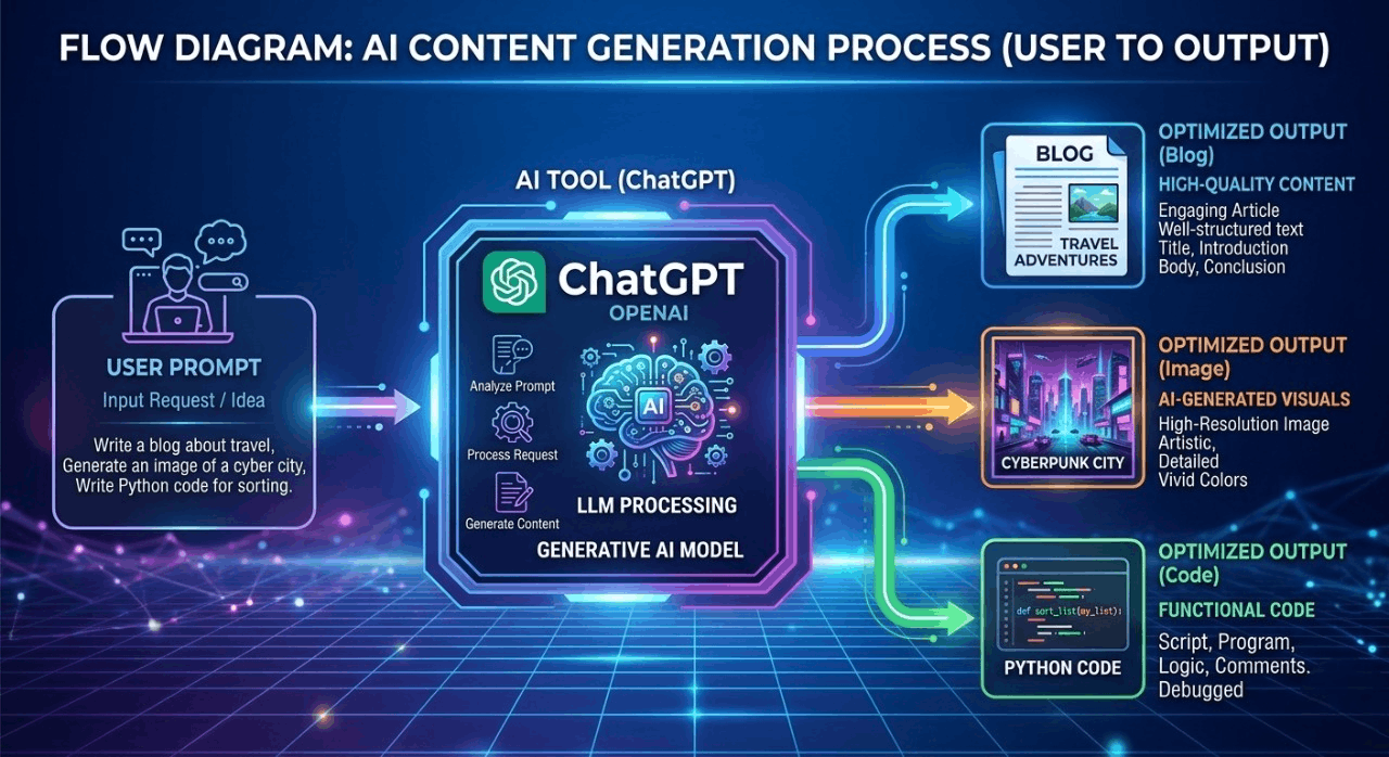Diagram showing prompt engineering process from user input to AI generated output in ChatGPT system