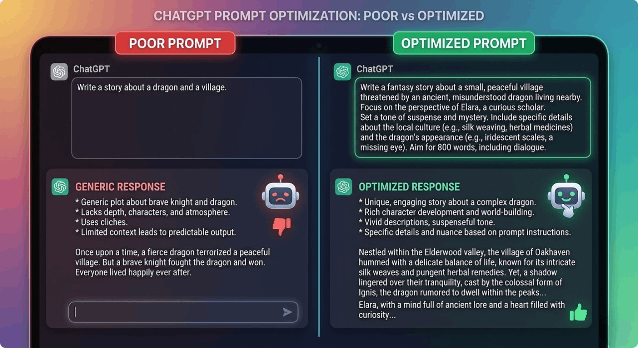 Comparison of bad prompt and optimized ChatGPT prompt showing improved AI response quality