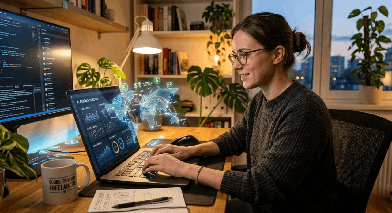 Freelancer earning online using AI tools and prompt engineering skills with global digital network concept