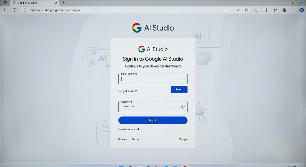 Google AI Studio login page showing sign-in screen for account access