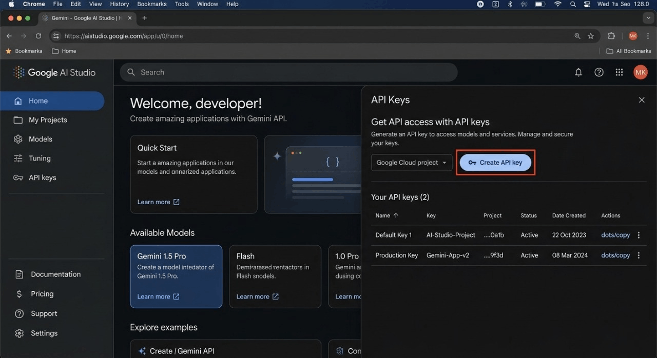 Google AI Studio dashboard showing API key creation section