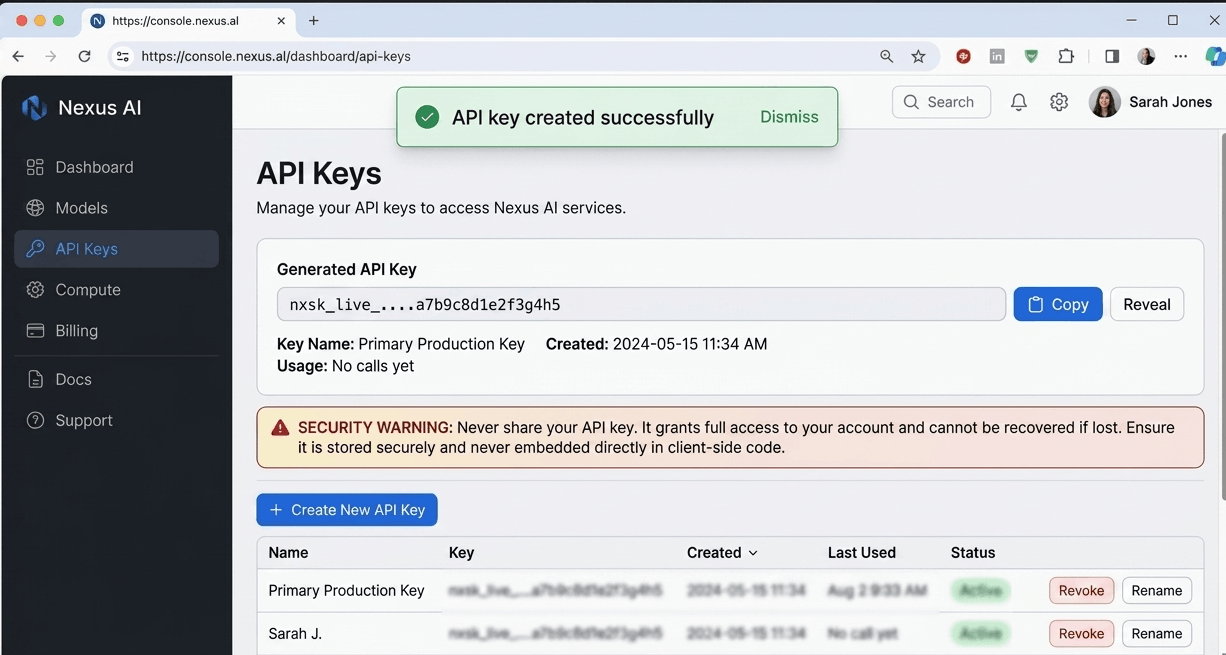 Google AI Studio showing generated API key with copy option
