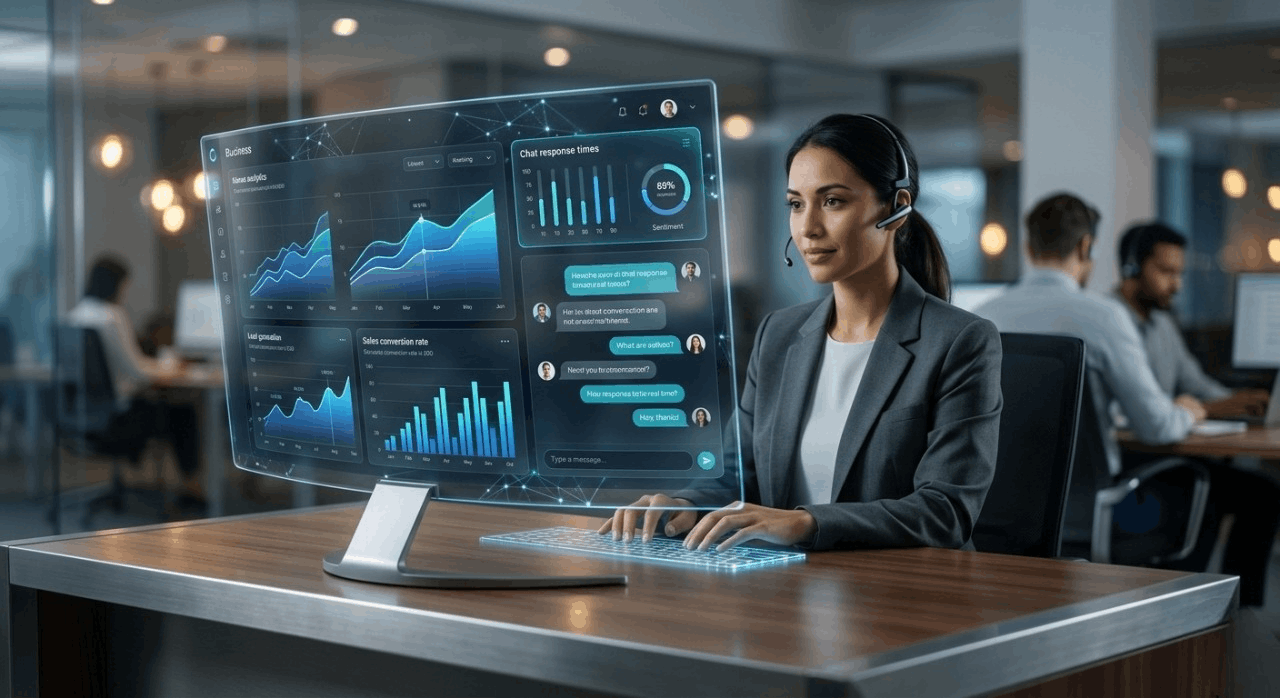 AI chatbot interface providing customer support on a website, with analytics showing improved leads, sales conversions, and customer engagement.