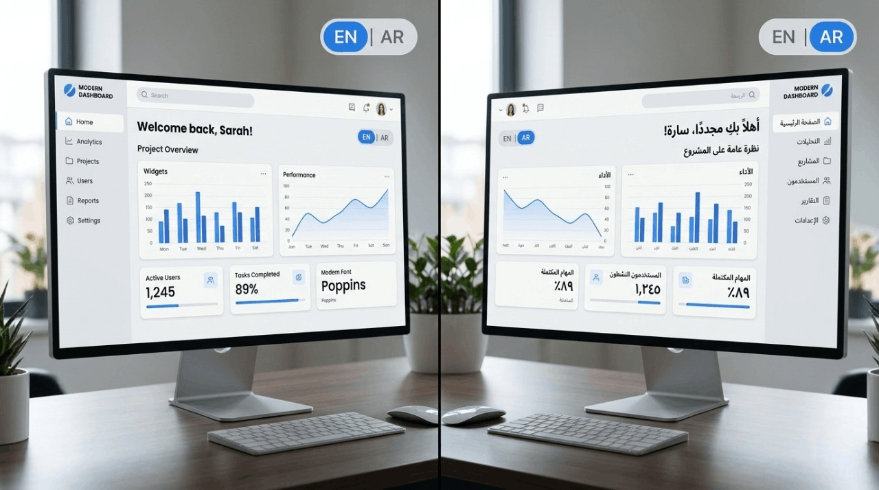 comparison of bilingual website interface showing English and Urdu versions