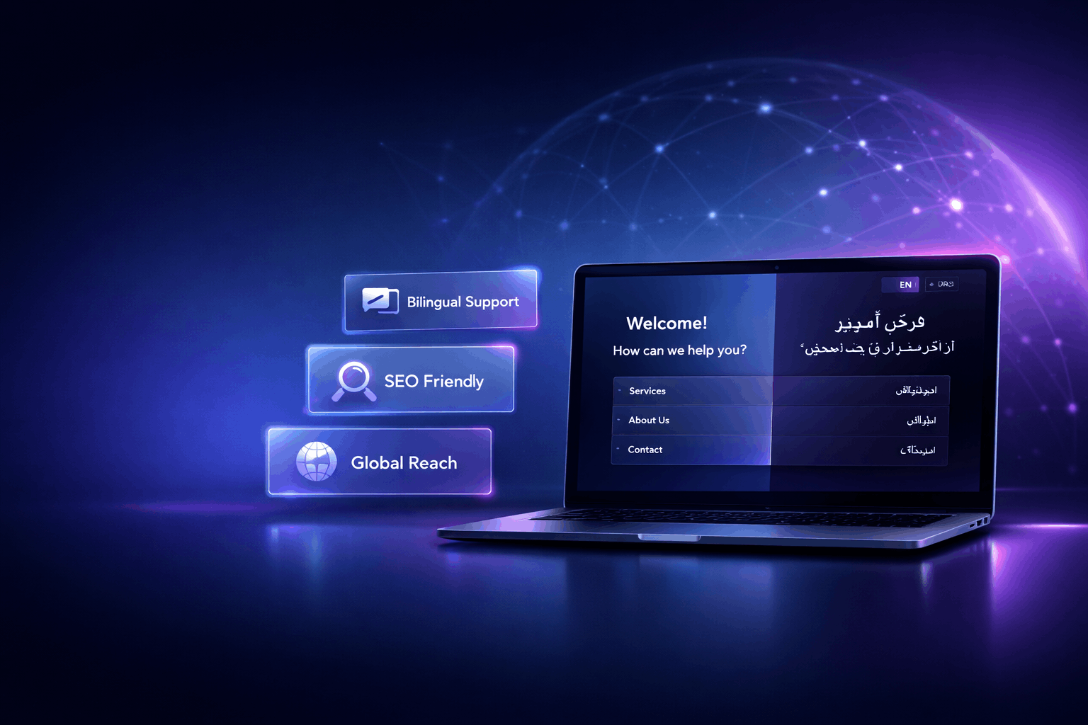 modern bilingual website interface with English and Urdu language support, designed for global business growth with futuristic UI and conversion focused layout