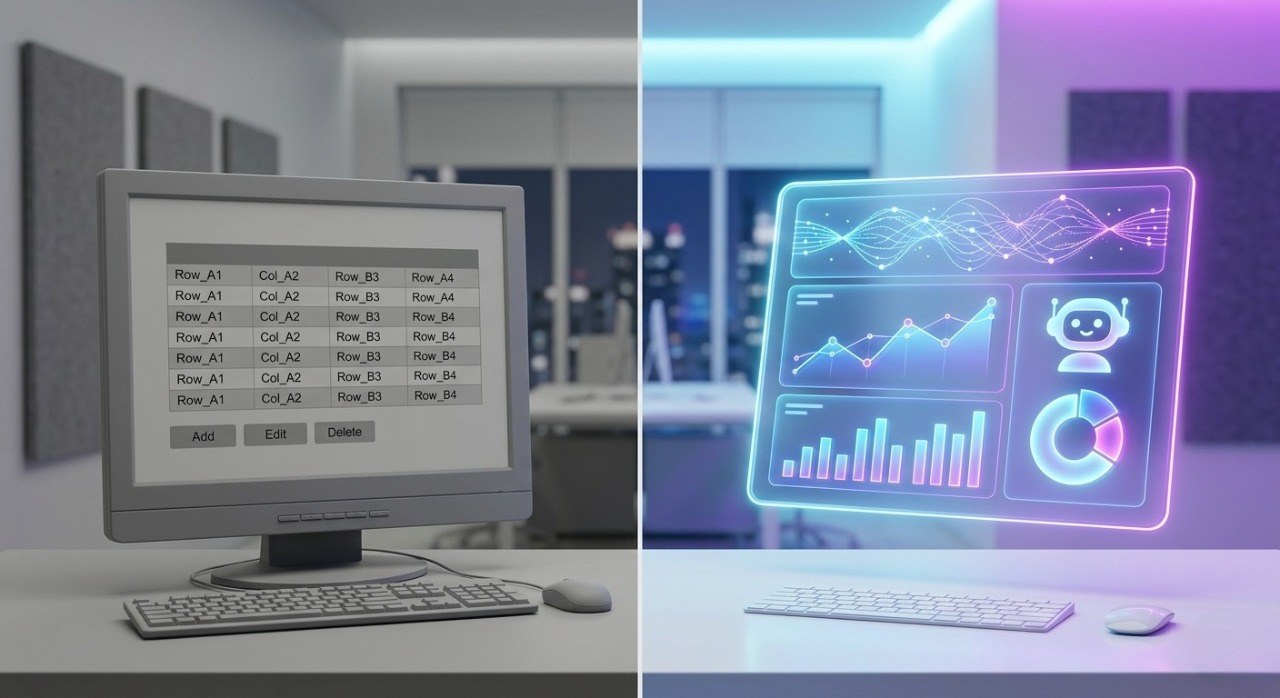 Contrast between traditional CRUD software and dynamic AI-powered SaaS.