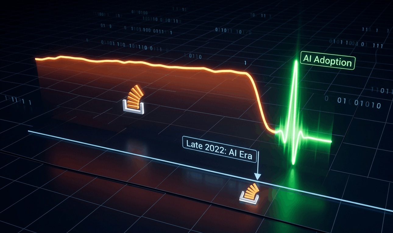 Visual representation of developer traffic shifting from community forums to AI chat interfaces in 2026.