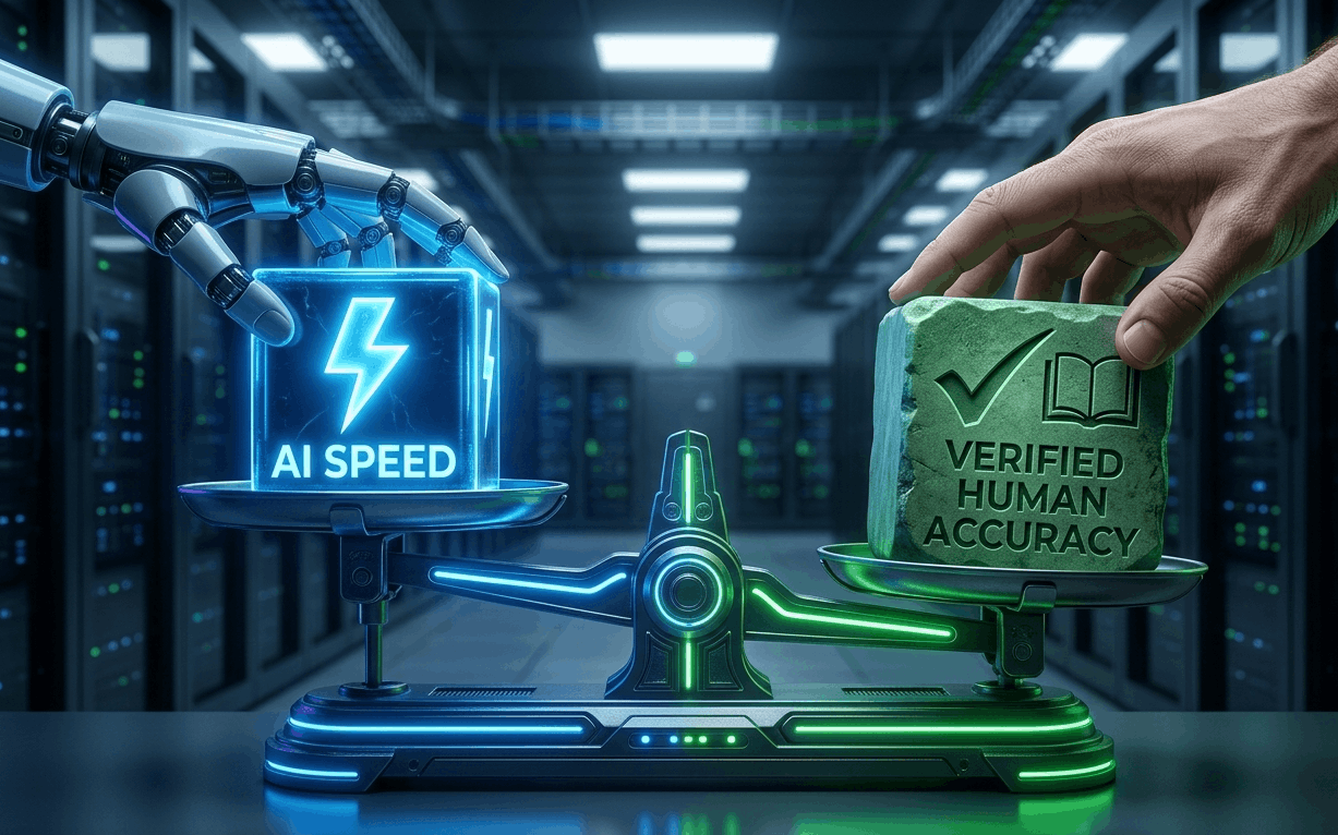 Visualizing the 'AI Hallucination Gap' showing the difference between fast AI responses and accurate, context-rich human verification.