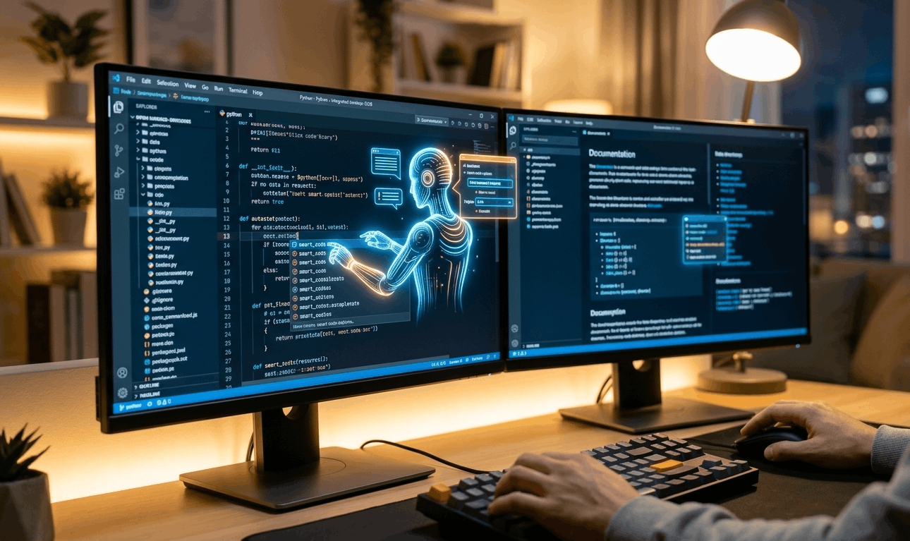 A developer using an integrated AI coding assistant on a dual-monitor setup