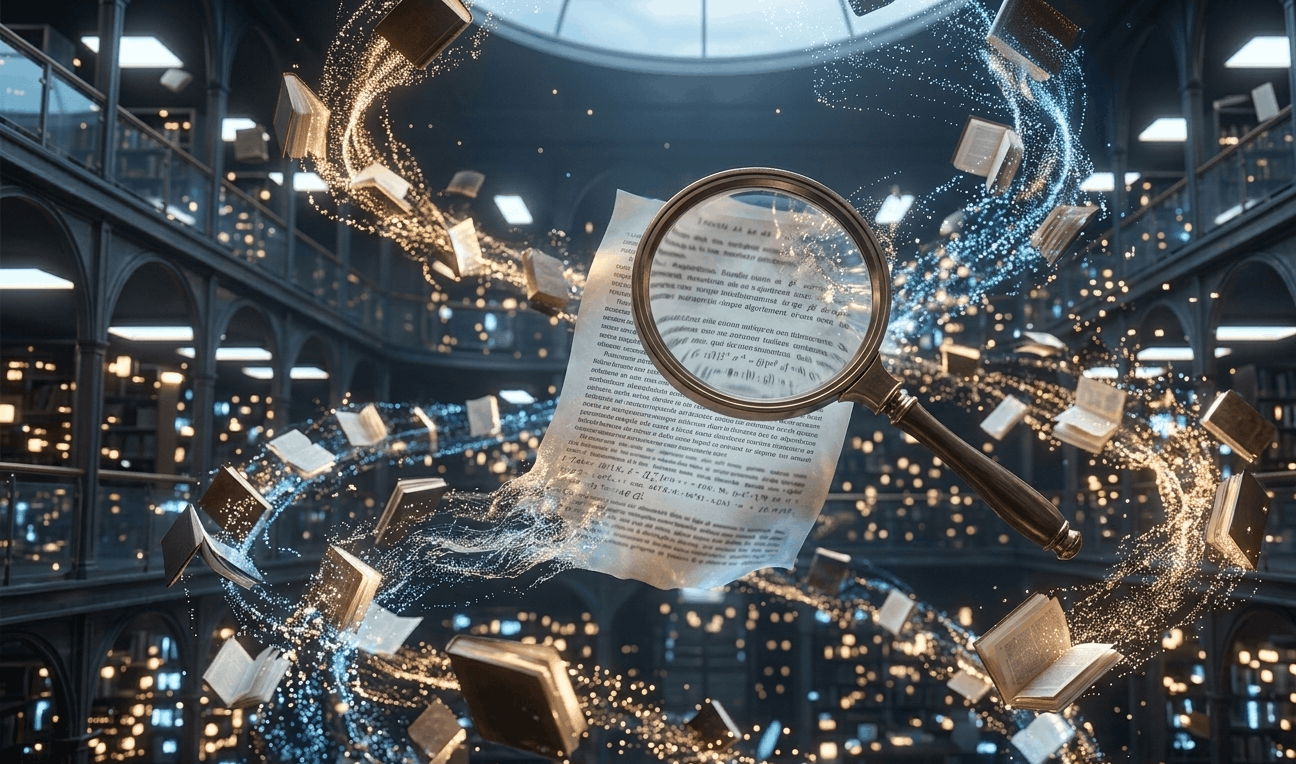 Visual metaphor for AI hallucinations showing a digital library with distorted information.