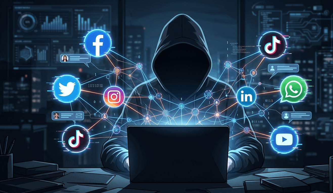 digital depiction of AI generating automated phishing emails and social engineering attacks to steal data