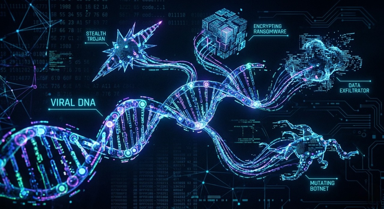 visualization of polymorphic AI malware code changing structure to evade traditional antivirus software detection