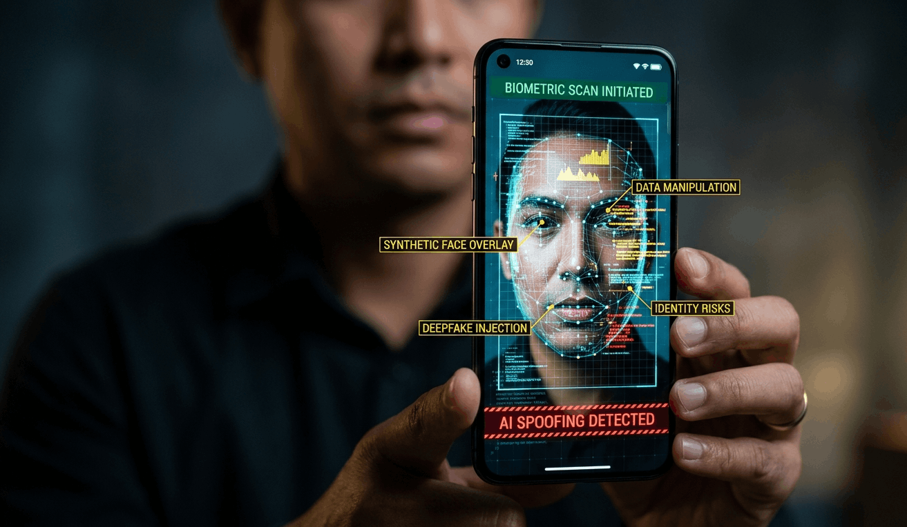 A secure mobile device screen showing biometric authentication being bypassed by a deepfake face filter