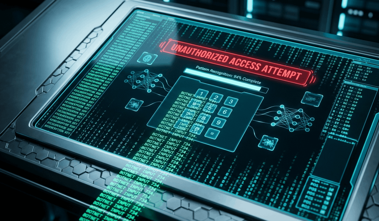close-up view of a high-tech console executing automated brute force attack with AI predicting passwords in real-time