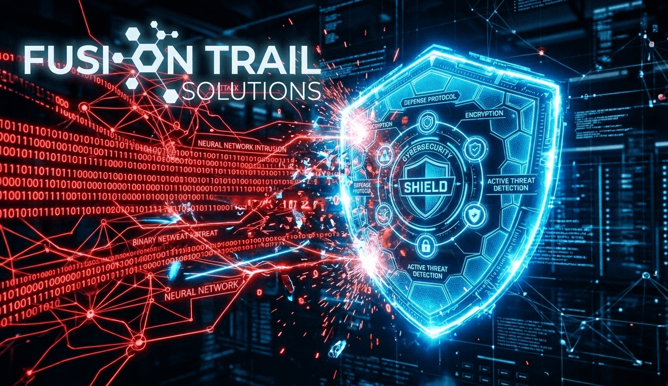 conceptual illustration of AI-powered cyber attack on digital security infrastructure with neural network nodes