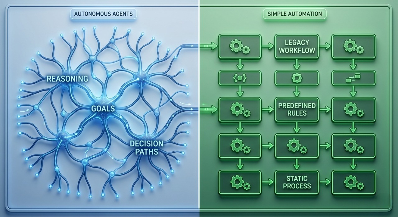 A comparison graphic distinguishing between true reasoning AI agents and scripted automation workflows.