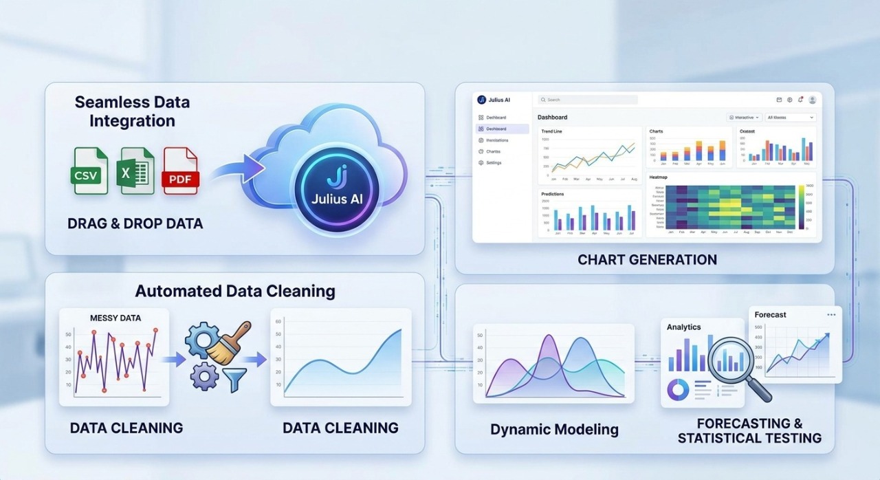 Comprehensive infographic visualization of Julius AI key features Data