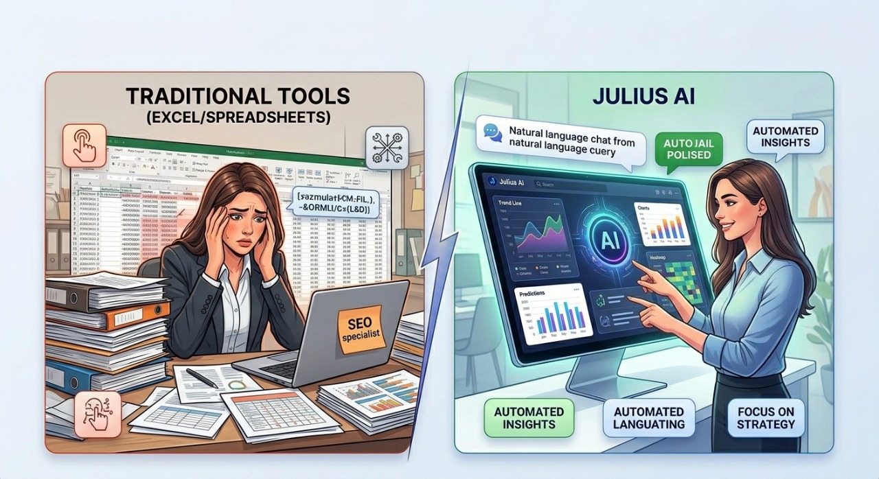 A split comparison image showing a frustrated user struggling with manual