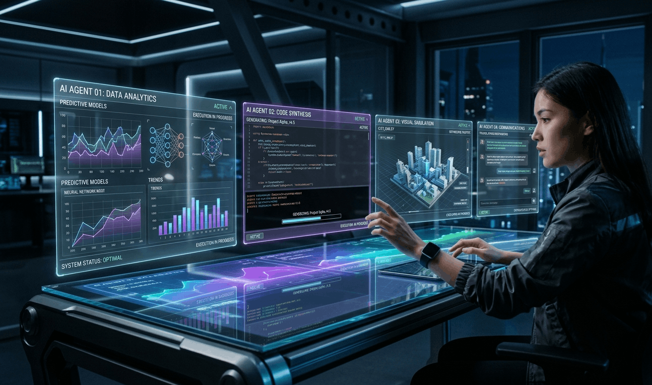 AI agents executing multiple digital tasks autonomously.