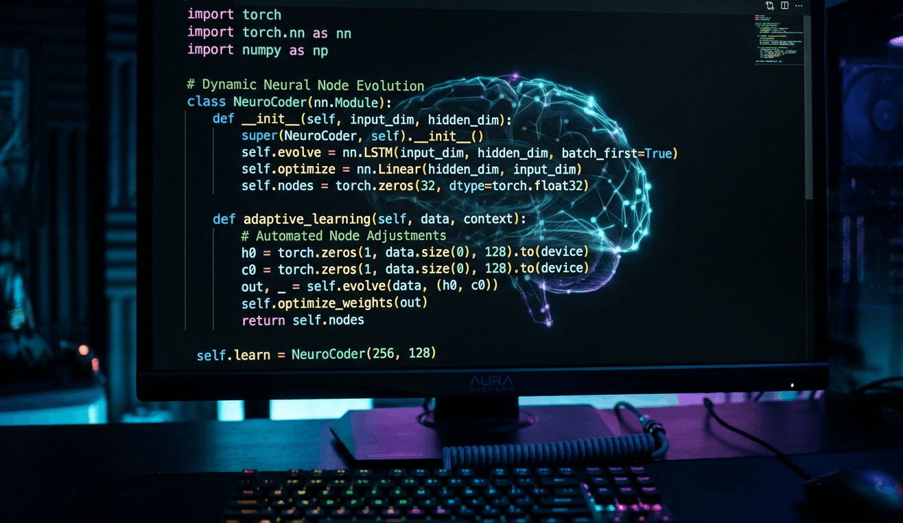 Python script on a monitor with a glowing neural network background representing AI-authored hacking code.