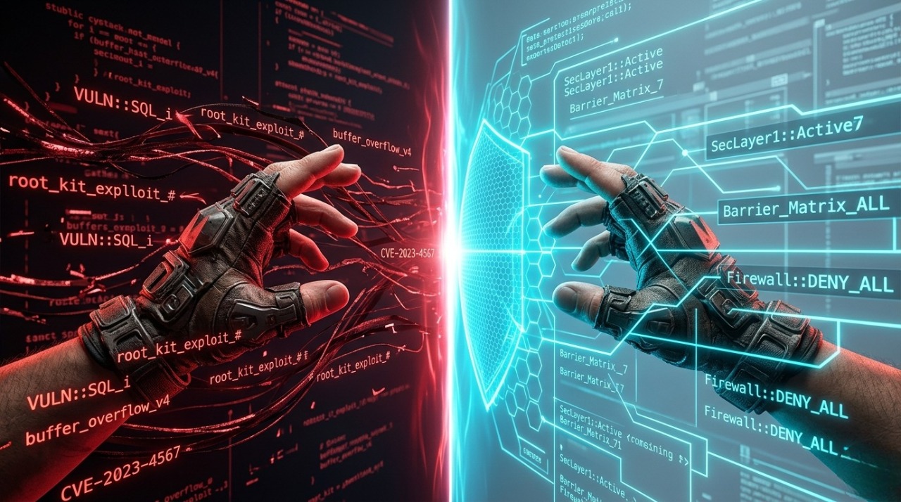 Concept art showing the two sides of AI in cybersecurity creating chaotic exploits vs building organized defenses.