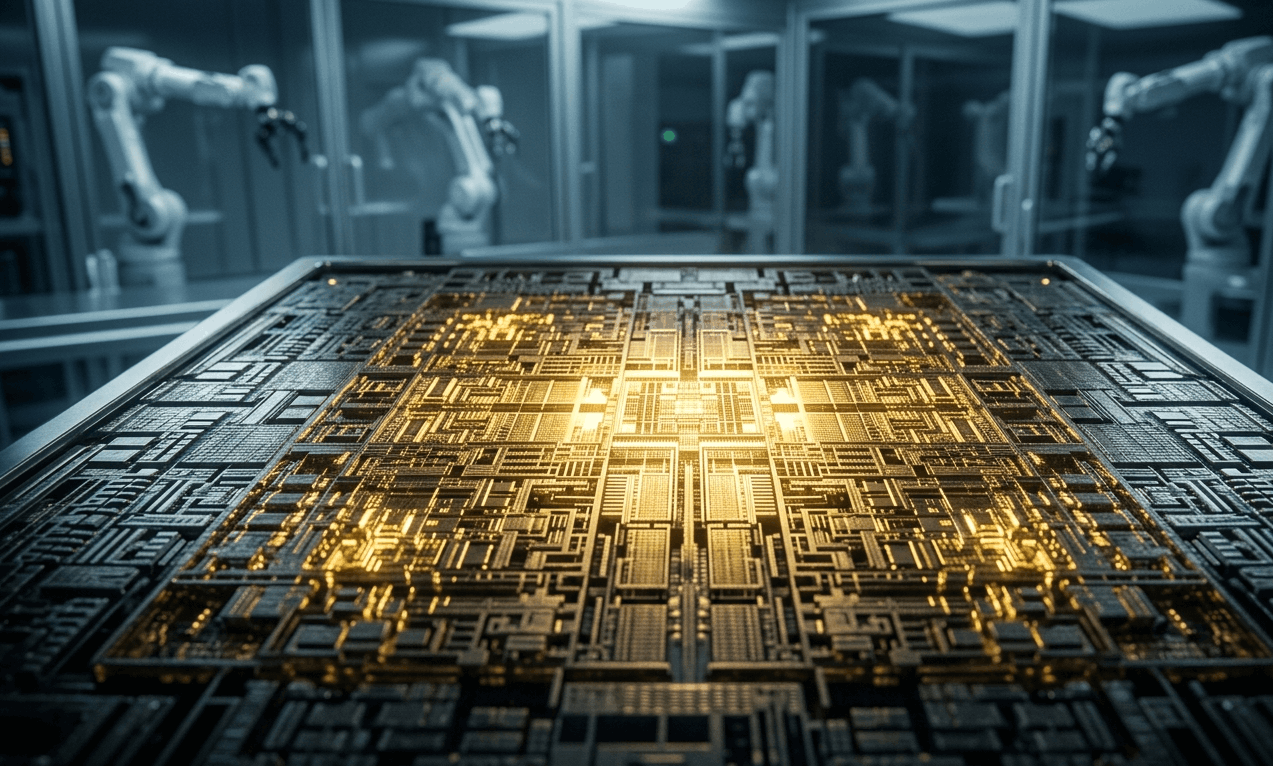 Detailed macro view of the complex inner circuitry of an NVIDIA Blackwell B200 AI chip glowing with golden light.