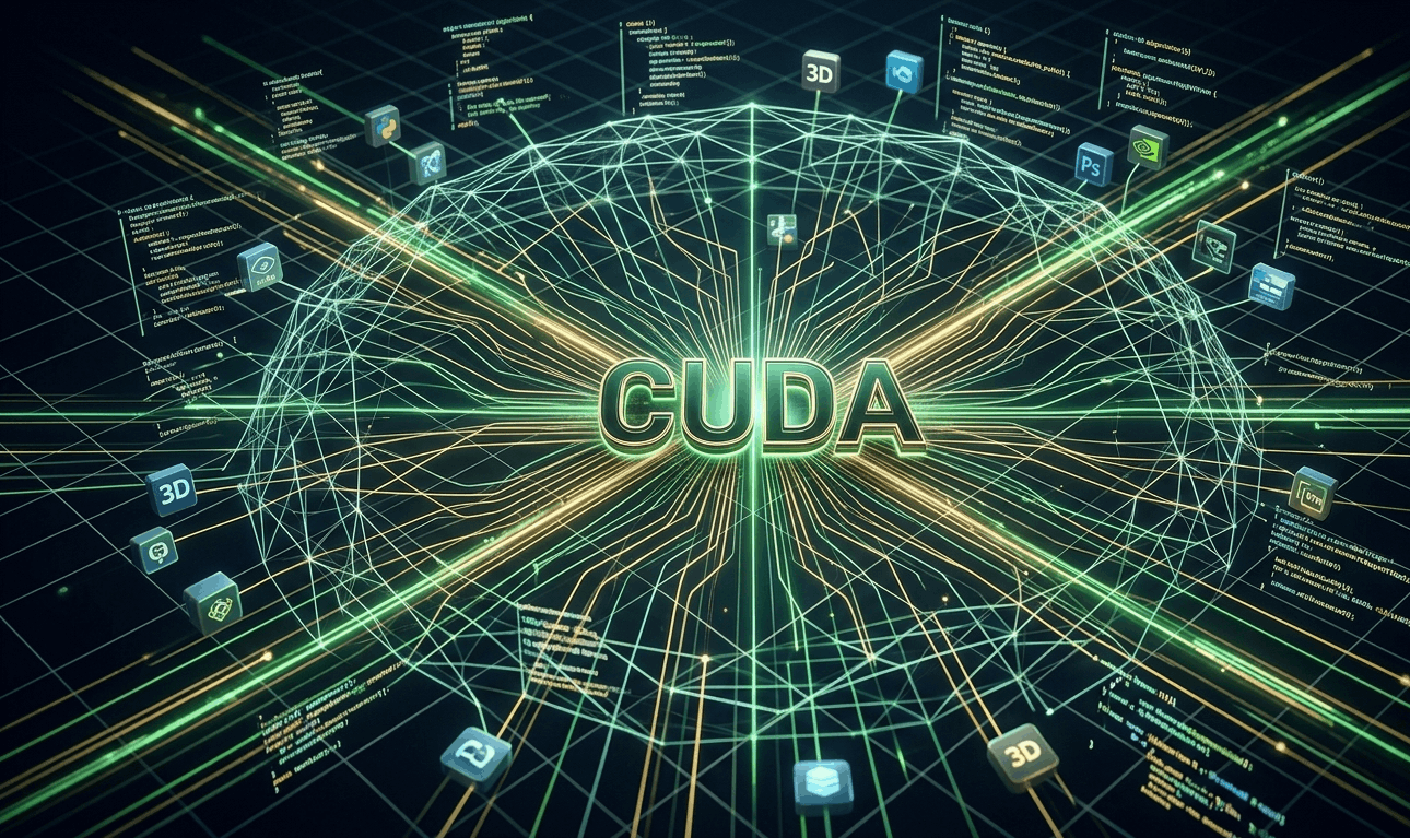 Abstract digital network visualizing the CUDA ecosystem as a dominant, protective shield made of interconnected code and algorithms.