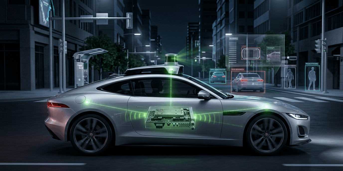 A futuristic autonomous car driving through a smart city, powered by a subtly green glowing NVIDIA DRIVE processor.
