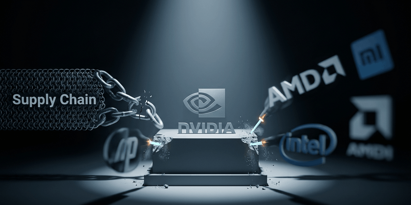 Conceptual image showing a crack in a supply chain link next to blurred competitor logos challenging NVIDIA's dominance.