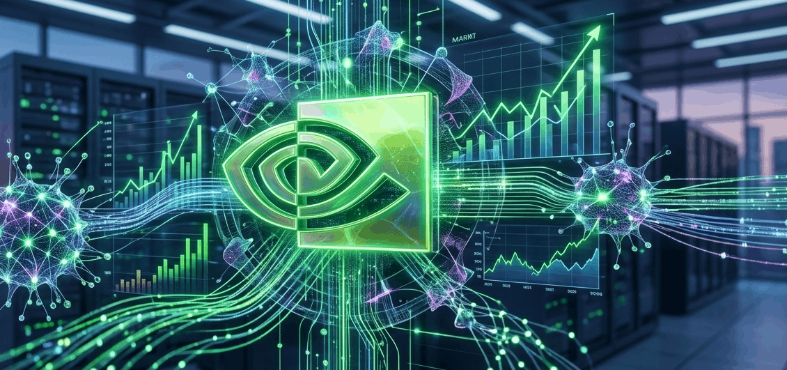 Nvidia logo glowing green over a futuristic city with upward-trending stock charts, symbolizing its AI and market dominance in 2026.