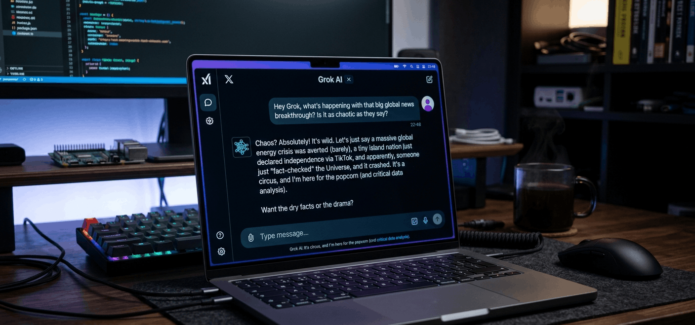 Grok AI chat interface displayed on a laptop screen showing real-time text processing.