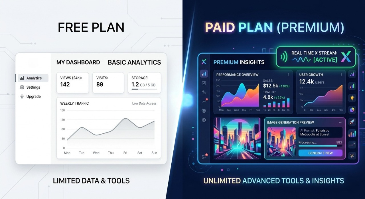 A visual comparison layout illustrating the differences between Grok AI free and paid features.