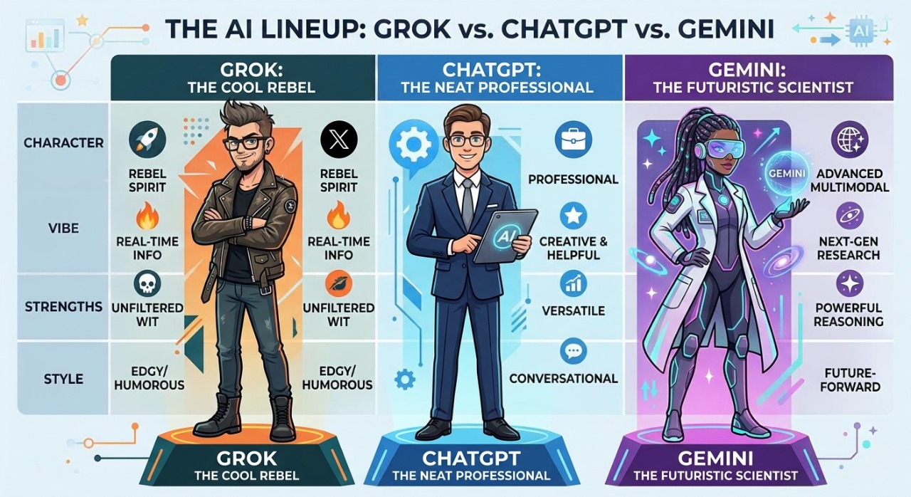 Vector infographic illustrating the personality and data source differences between Grok AI, ChatGPT, and Google Gemini.