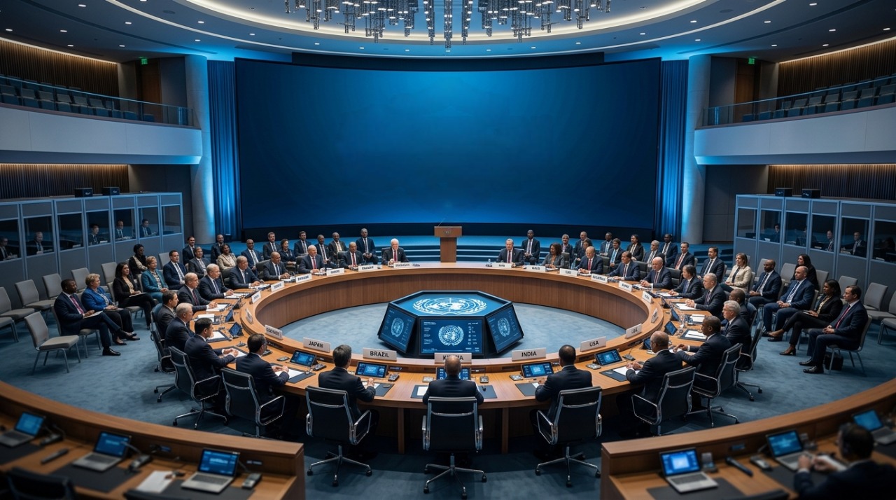 International diplomats discussing global AI governance frameworks at a UN-style summit.