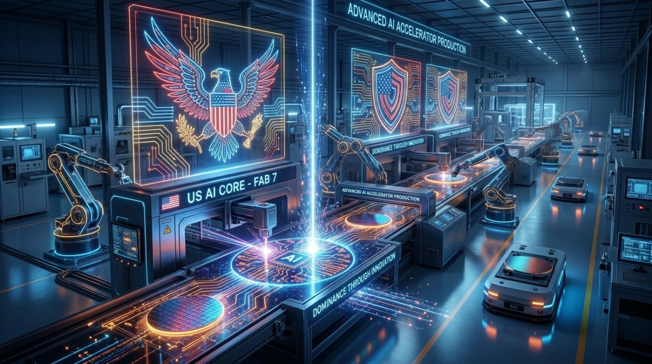 Advanced semiconductor production line representing the US hardware AI stack.